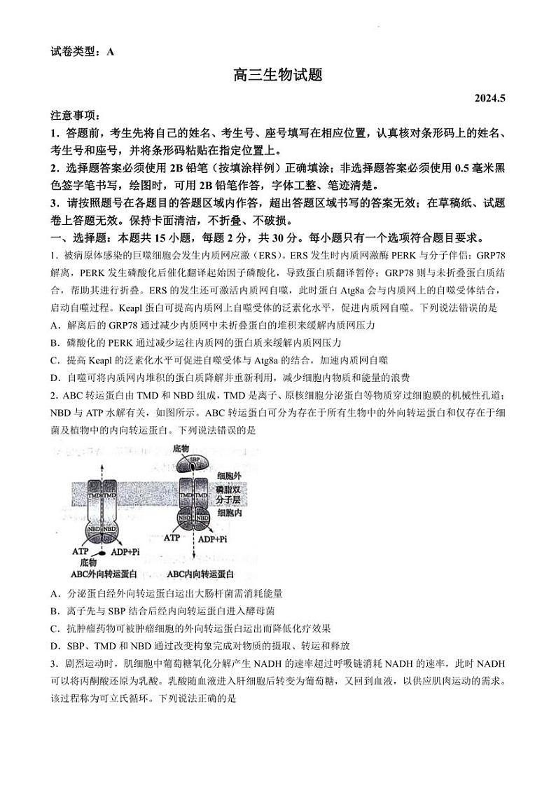 2024年山东滨州高三二模高考生物模拟试卷试题（精校打印）01