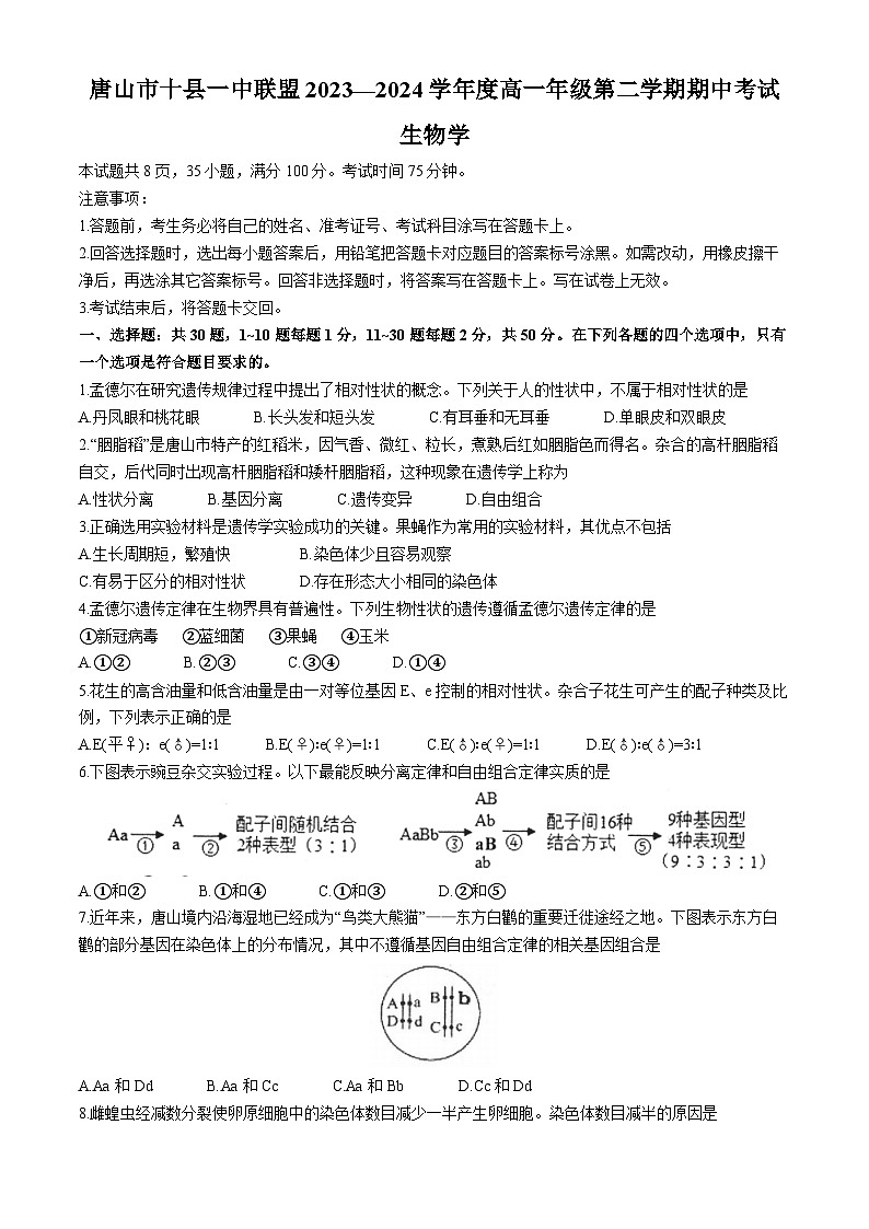 河北省唐山市2023-2024学年高一下学期5月期中生物试题(无答案)01