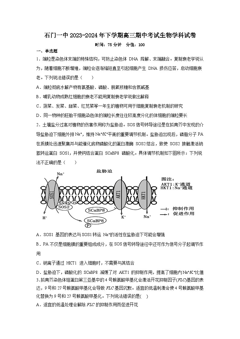湖南省常德市石门县第一中学2023-2024学年高三下学期期中考试生物试题01