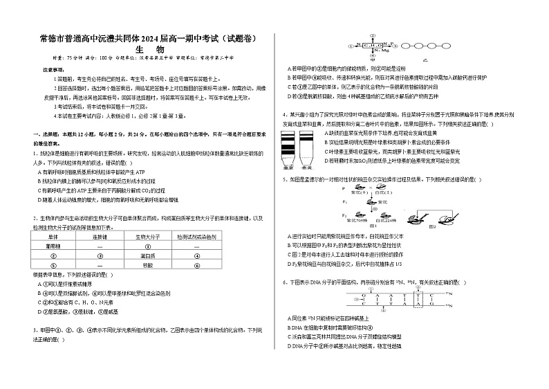 湖南省常德市沅澧共同体2023-2024学年高一下学期期中考试生物试题01