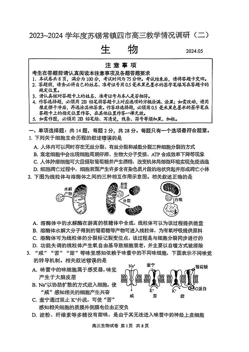 2024江苏省苏锡常镇四市高三下学期二模试题生物PDF版含答案01