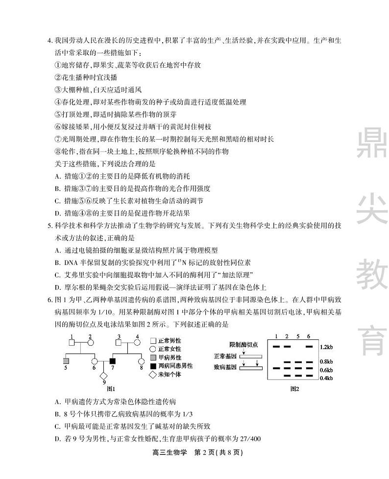 安徽省鼎尖联盟2024届高三下学期三模联考生物试题（PDF版附解析）第2页