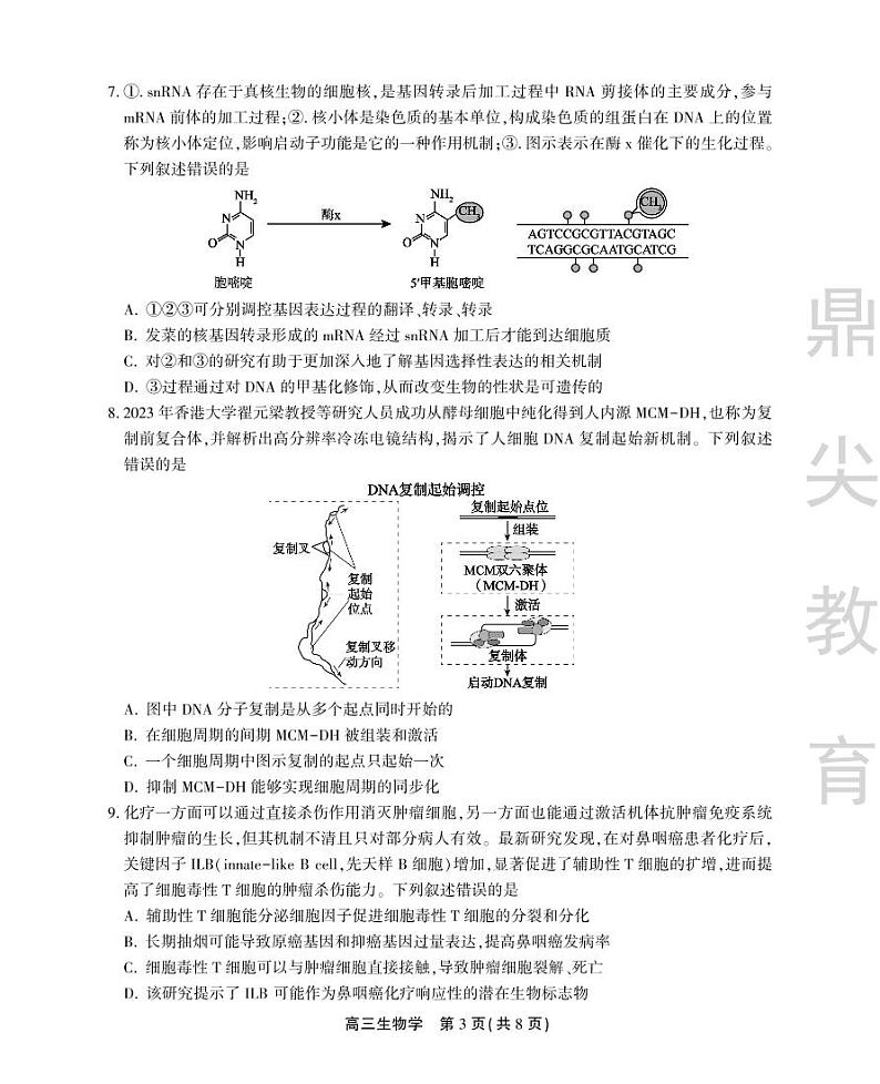 安徽省鼎尖联盟2024届高三下学期三模联考生物试题（PDF版附解析）第3页