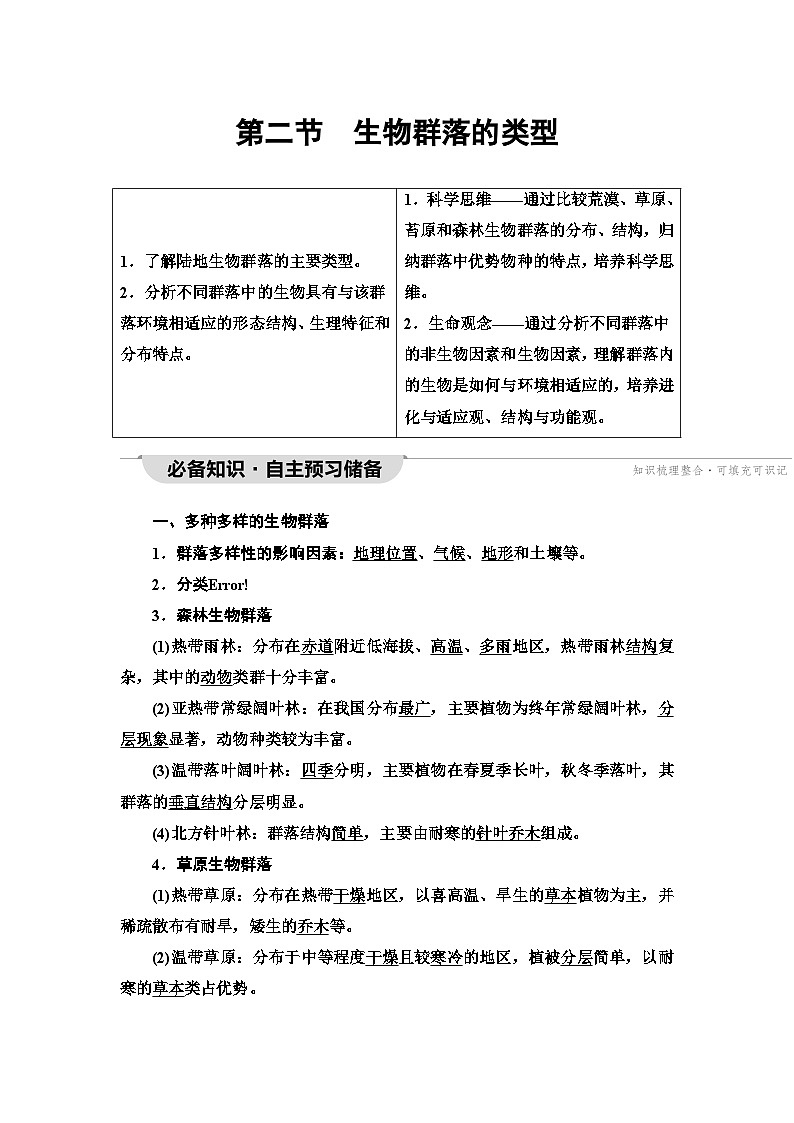 苏教版高中生物选择性必修第二册第2章第2节生物群落的类型学案第1页