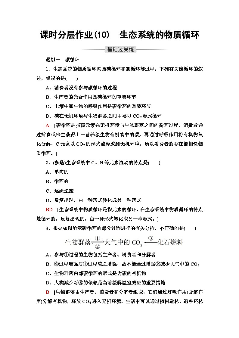 苏教版高中生物选择性必修第二册课时作业(10)生态系统的物质循环含答案第1页