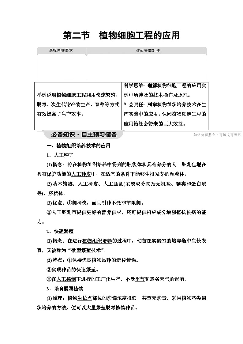 苏教版高中生物选择性必修3第2章第2节植物细胞工程的应用学案01