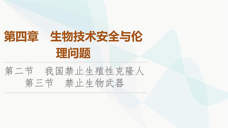 苏教版高中生物选择性必修3第4章第2节我国禁止生殖性克隆人第3节禁止生物武器课件第1页