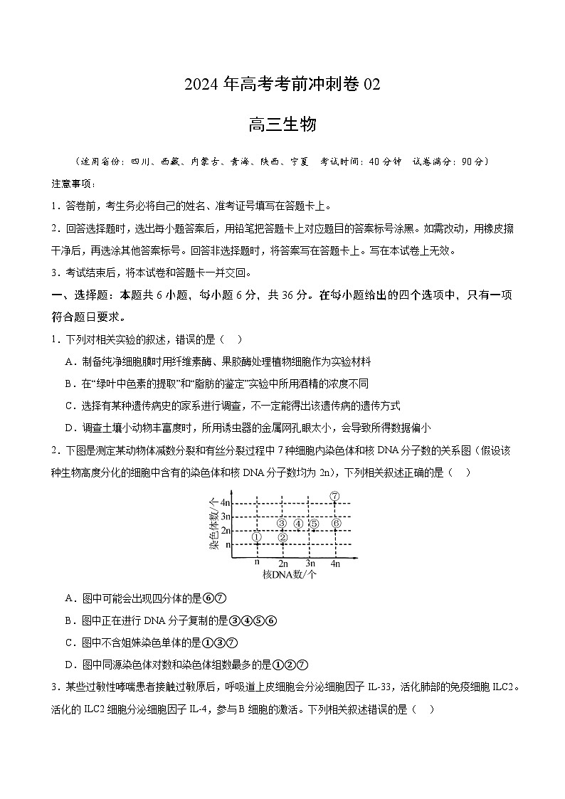 2024年高考生物考前冲刺卷02——全国卷老教材适用（原卷版）01