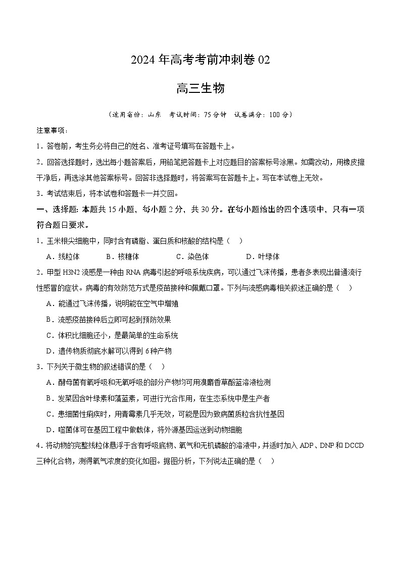 2024年高考生物考前冲刺卷02——山东适用（原卷版）第1页