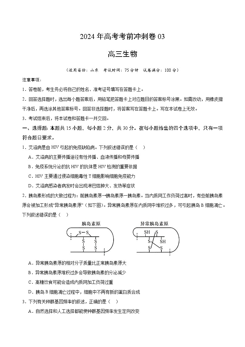 2024年高考生物考前冲刺卷03——山东适用（原卷版）01