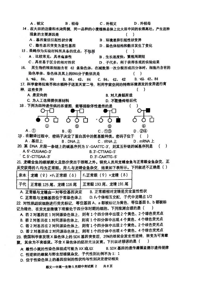 2024北京顺义一中高一（下）期中生物试题及答案第2页