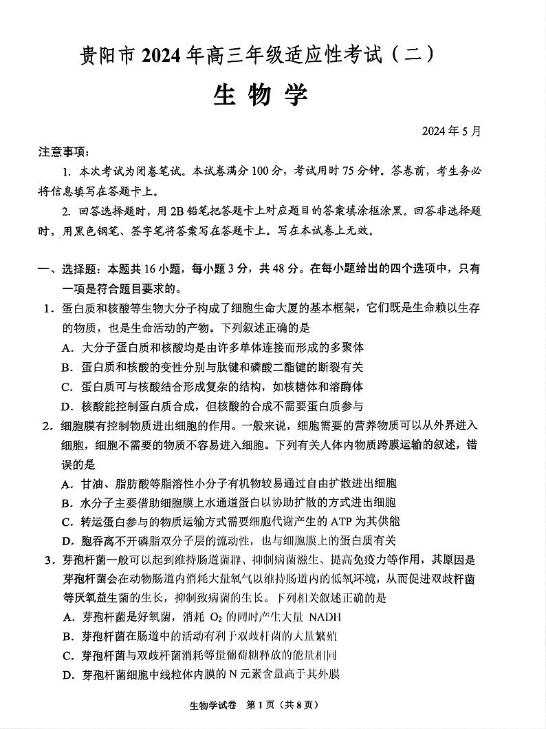 2024届贵州省贵阳市高三下学期5月适应性考试（二）生物试题01