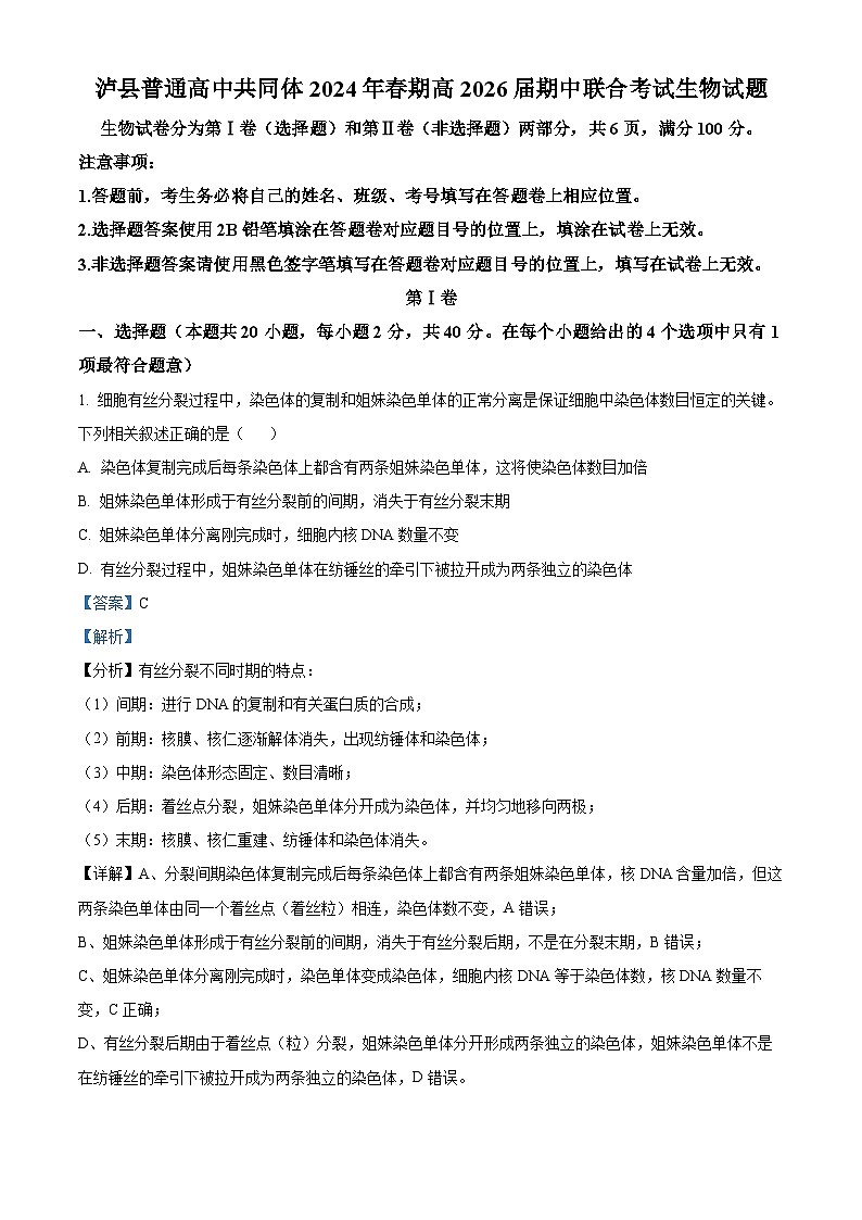 四川省泸州市泸县2023-2024学年高一下学期4月期中生物试题（原卷版+解析版）01