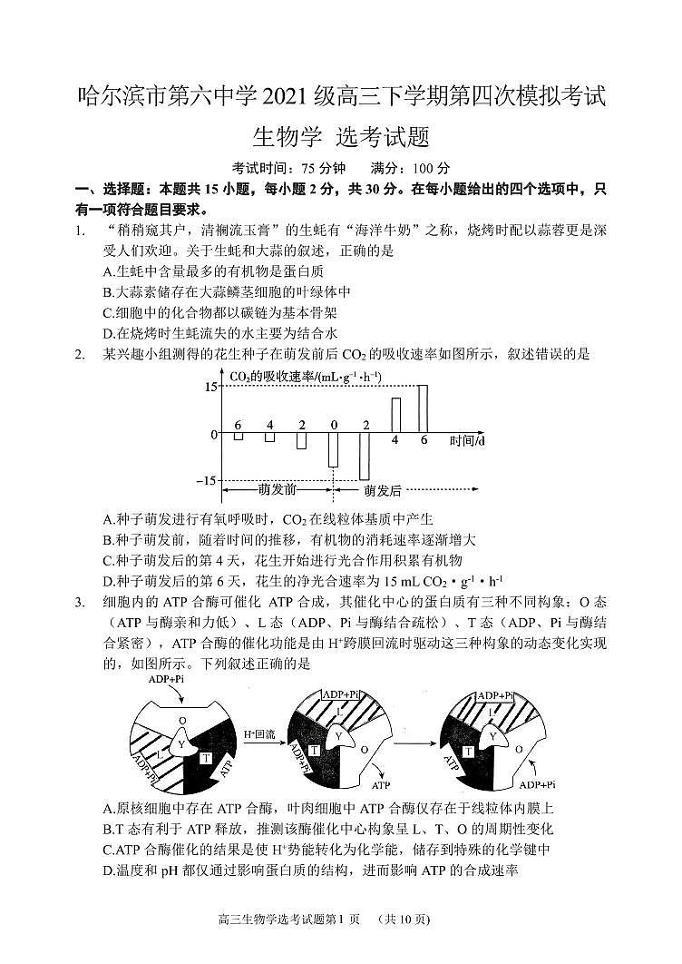 2024年哈尔滨市第六中学高三四模生物试卷和答案第1页