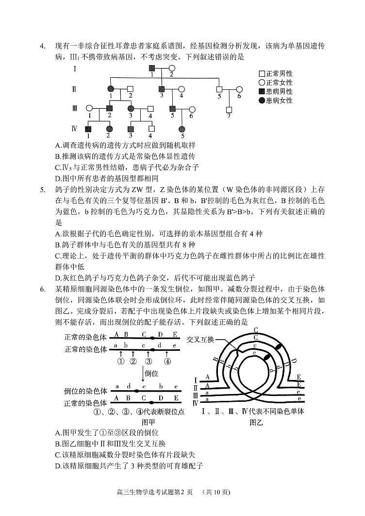 2024年哈尔滨市第六中学高三四模生物试卷和答案第2页