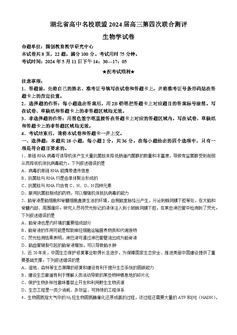 2024湖北省高中名校联盟高三下学期5月第四次联合测评（三模）生物试题含解析01