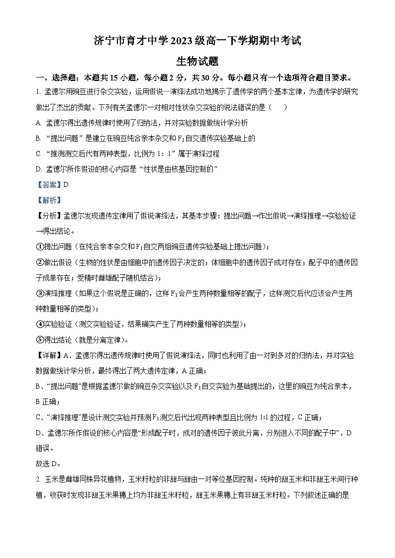 山东省济宁市任城区育才中学2023-2024学年高一下学期期中考试生物试卷（原卷版+解析版）01