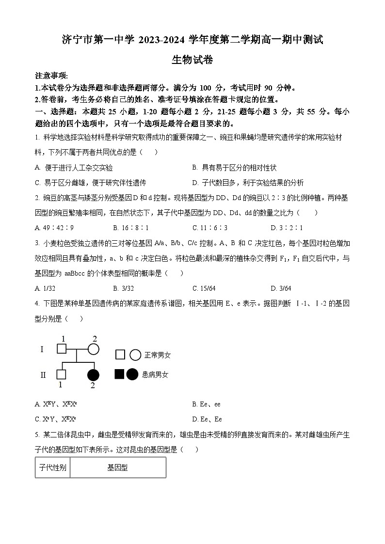 山东省济宁市任城区济宁市第一中学2023-2024学年高一下学期5月期中生物试题（原卷版）第1页