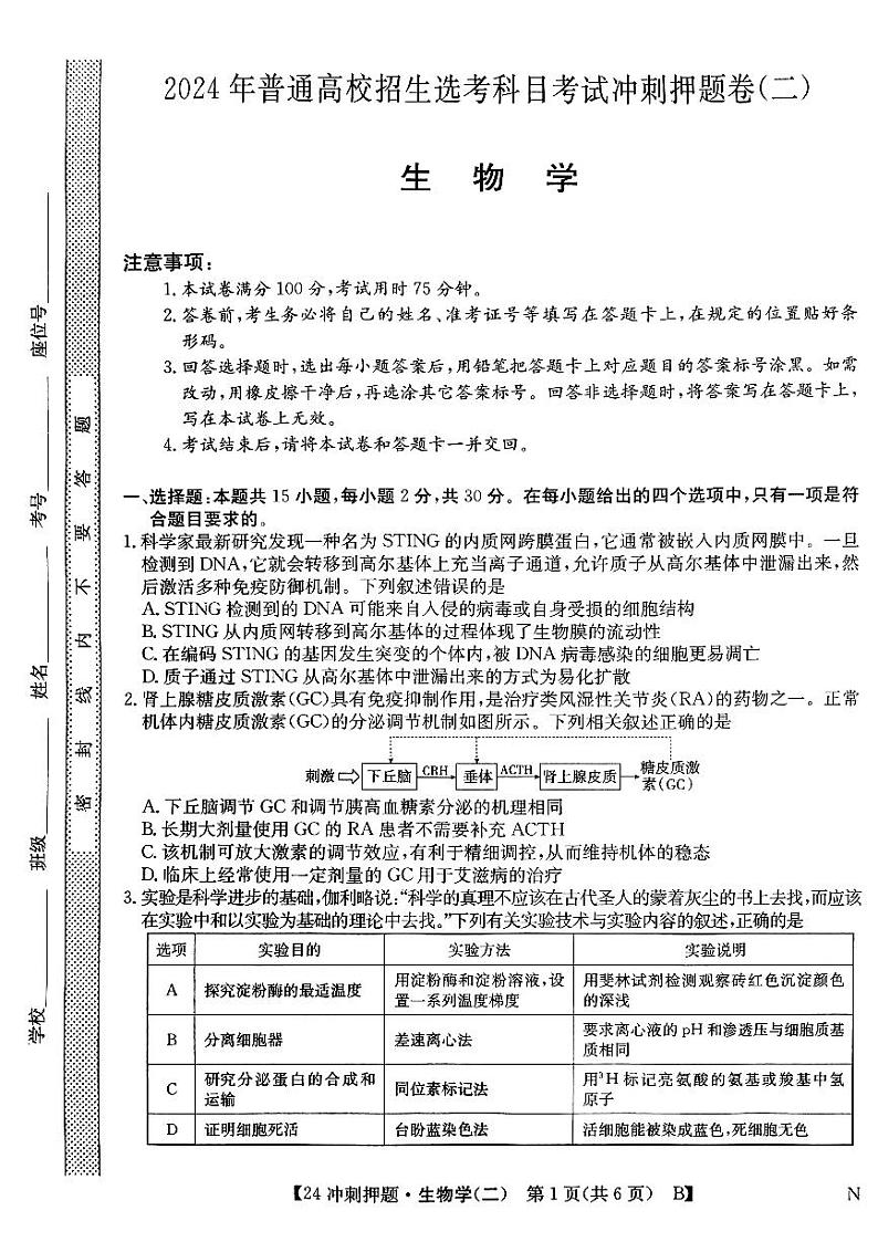 2024年辽宁高考生物学冲刺押题卷（二）第1页