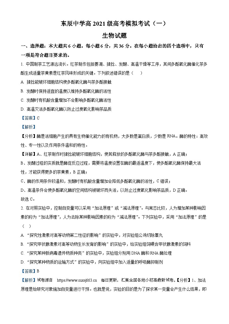 四川省绵阳市涪城区东辰中学2024年高考模拟考试(一模)生物试题01
