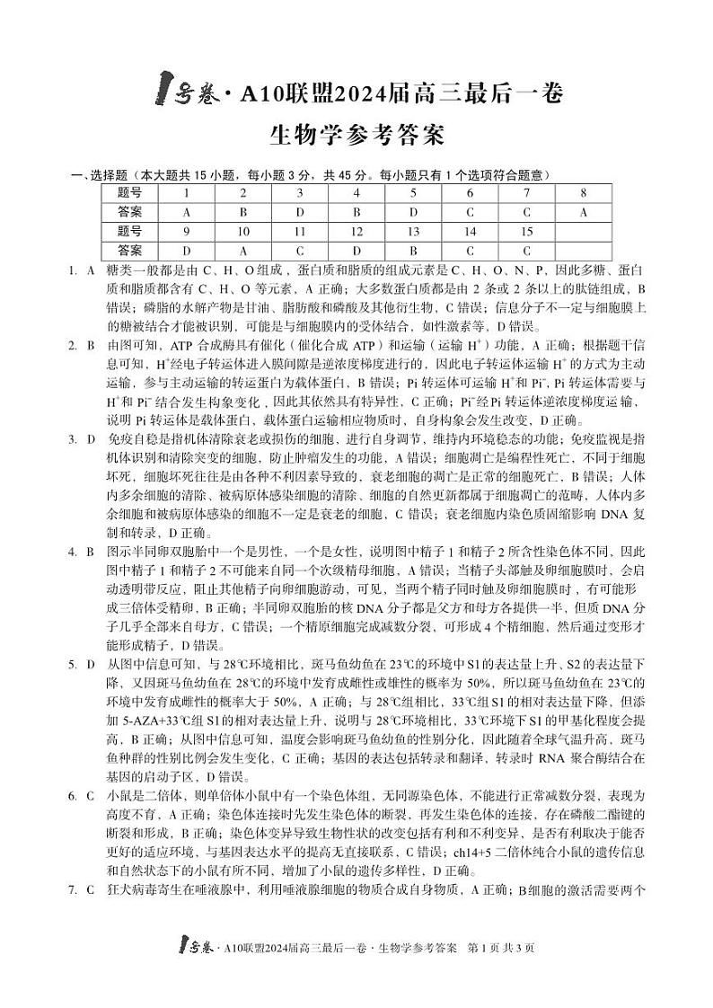 安徽省1号卷A10联盟2024届高三最后一卷生物试题（附参考答案）01