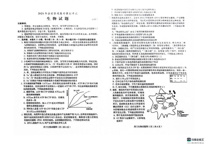 山东省潍坊市2023—2024学年四县联考高三下学期三模考试生物试题01