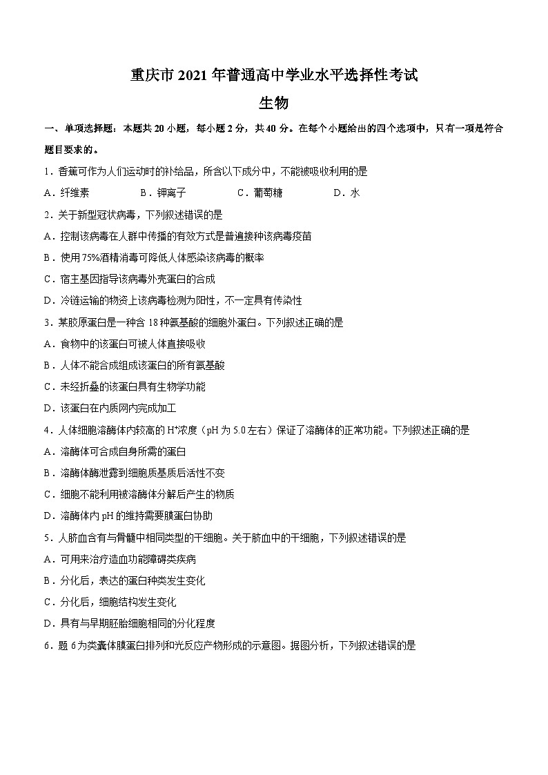 （网络收集版）2021年新高考重庆生物高考真题文档版（无答案）01