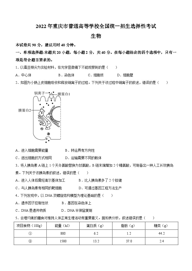 （网络收集版）2022年新高考重庆生物高考真题文档版（含答案）01