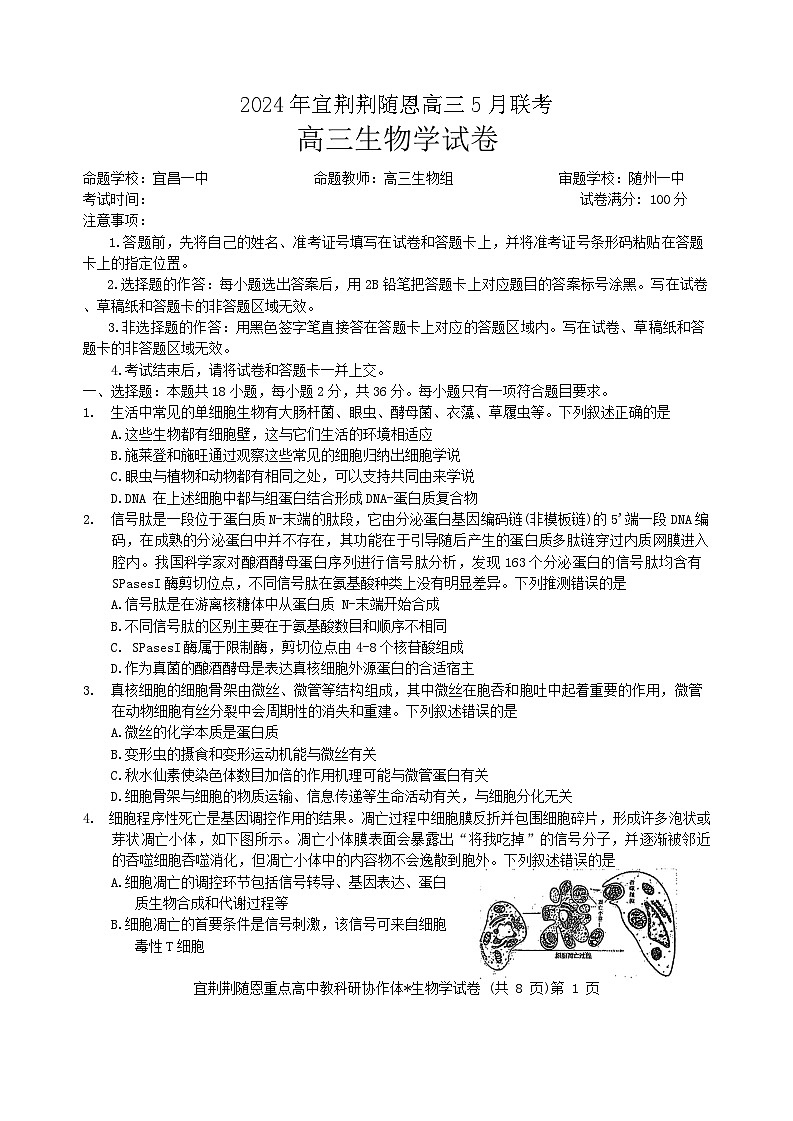 湖北省宜荆荆随恩2023—2024学年高三下学期5月联考生物试题第1页