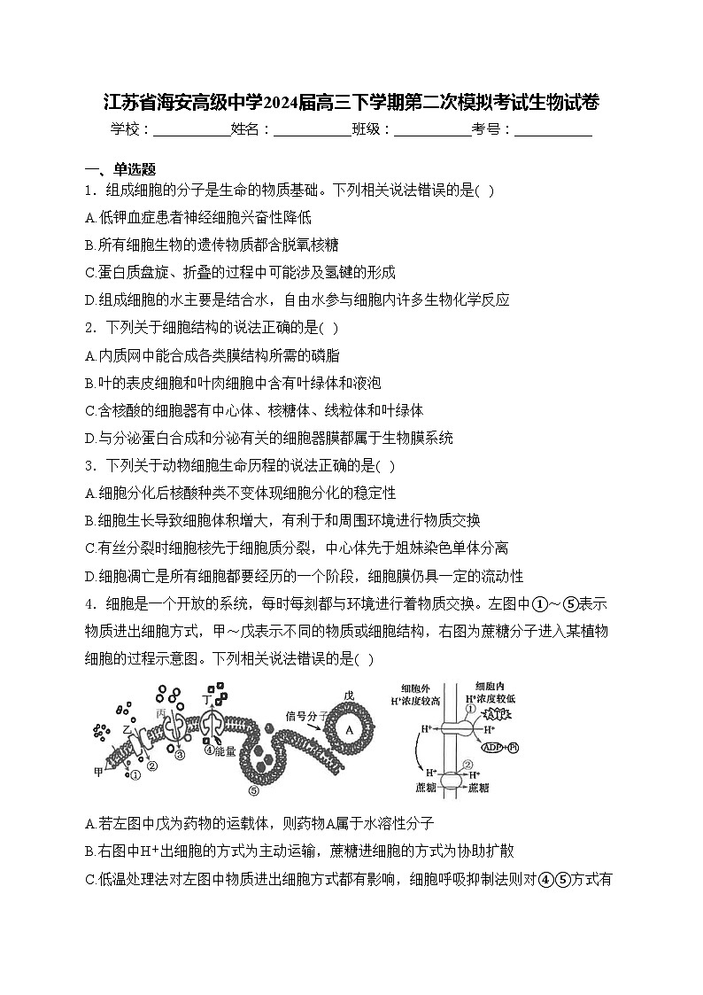 江苏省海安高级中学2024届高三下学期第二次模拟考试生物试卷(含答案)01