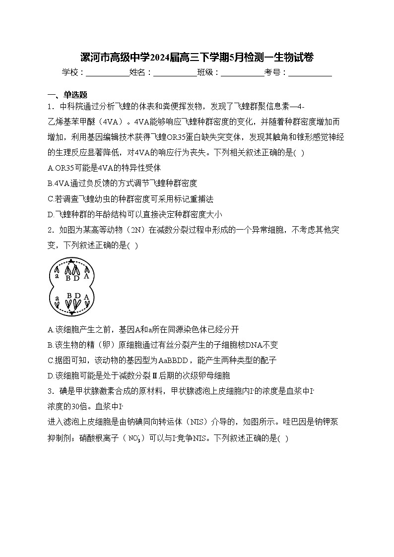 漯河市高级中学2024届高三下学期5月检测一生物试卷(含答案)第1页