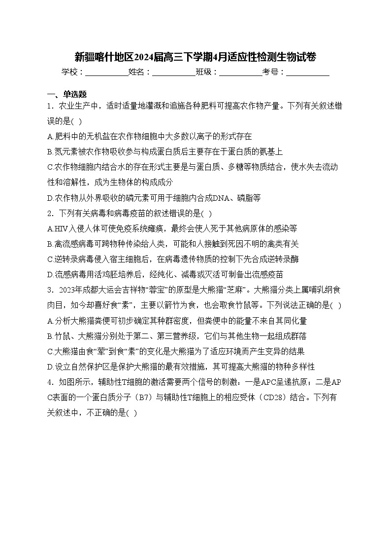 新疆喀什地区2024届高三下学期4月适应性检测生物试卷(含答案)第1页