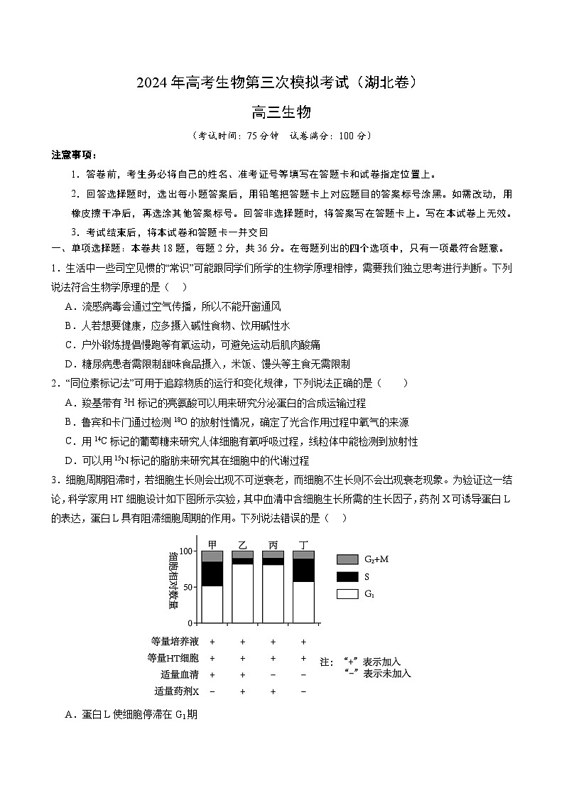 2024年高考第三次模拟考试题：生物（湖北卷）（考试版）01