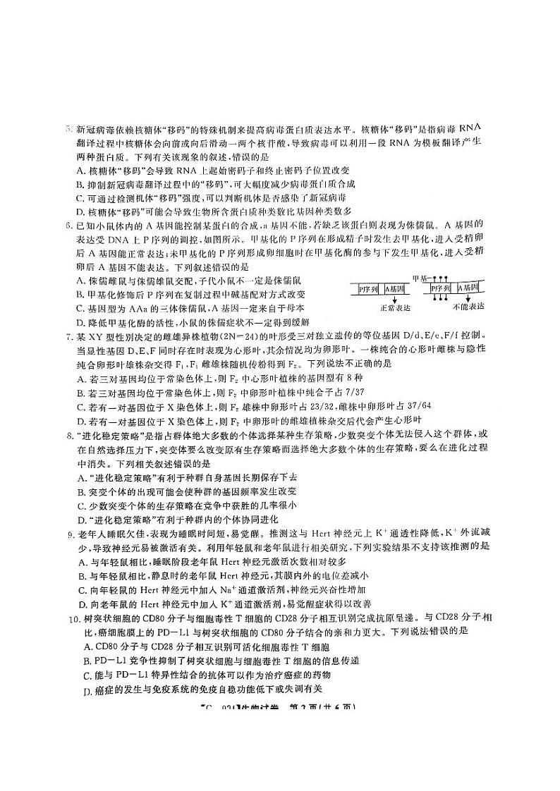 2024届安徽省阜阳市皖江名校联盟高三下学期5月模拟预测生物试题第2页