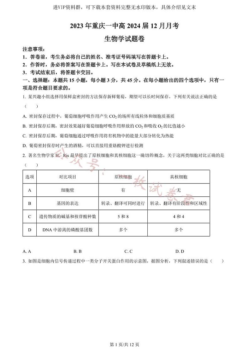 精品解析：重庆市一中2023-2024学年高三12月月考生物试题（原卷版）第1页