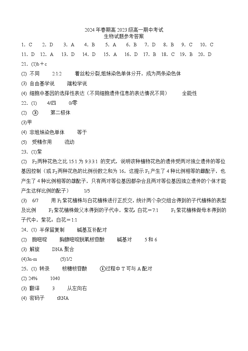 2024年春期高2023级高一期中考试生物试题答案第1页