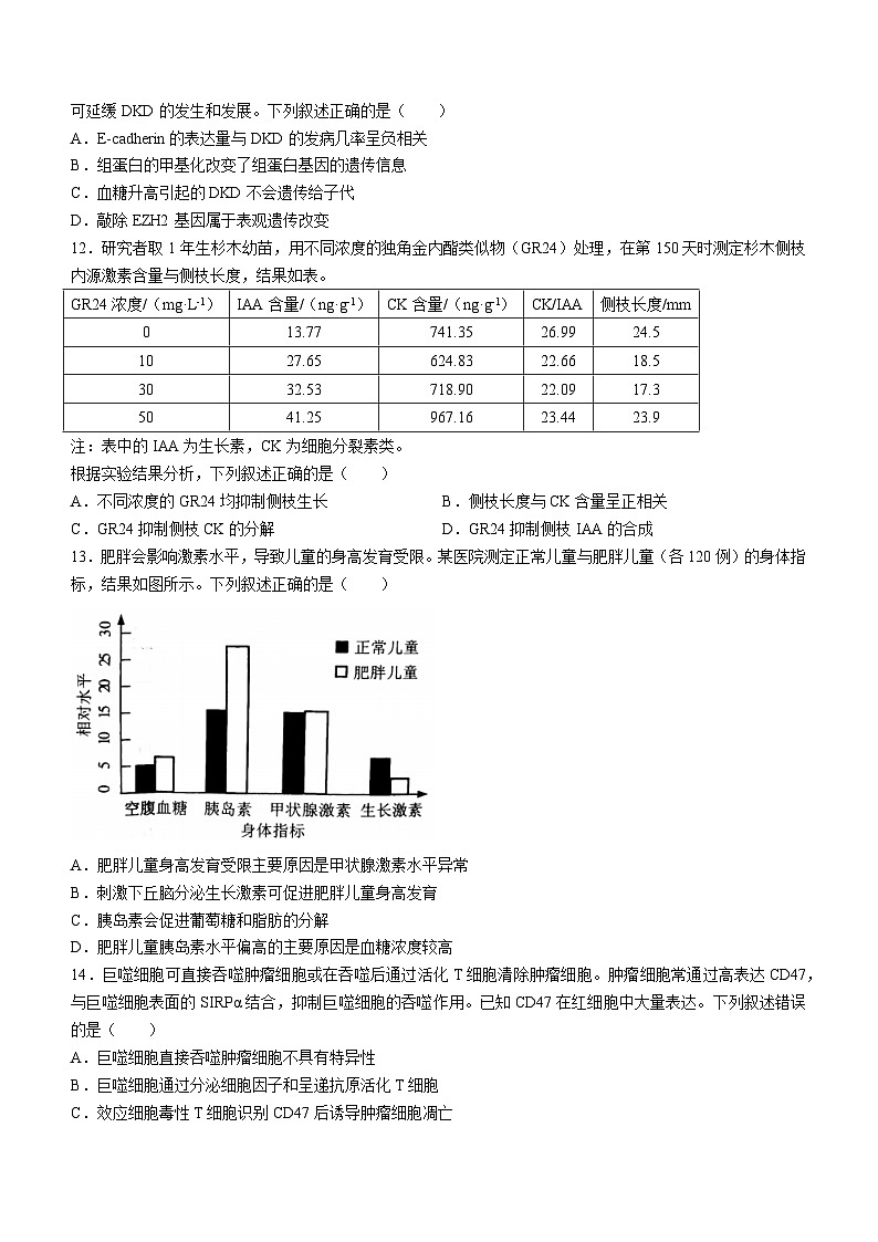 2024温州高三下学期三模生物试题含答案03