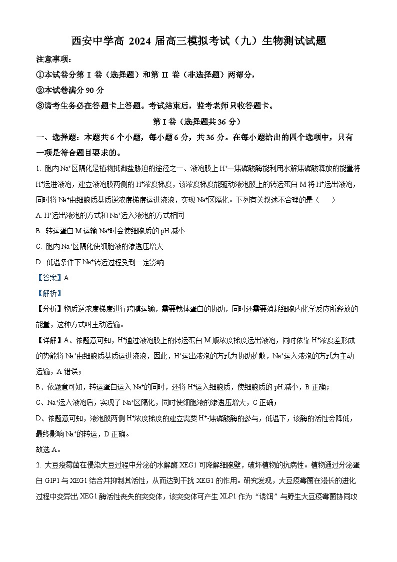 2024届陕西省西安市新城区西安中学高三下学期第九次模拟考试生物试题（原卷版+解析版）01