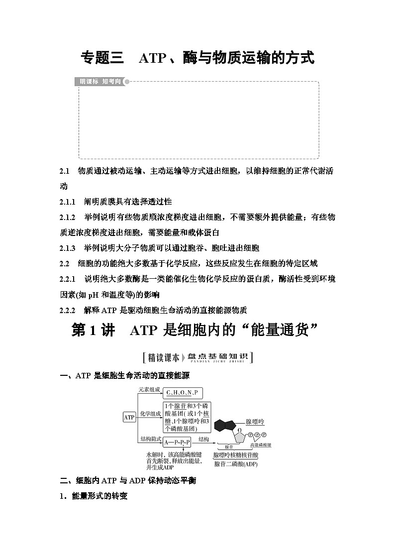2025届高考 一轮复习  浙科版  ATP是细胞内的“能量通货” 学案（浙江版 ）01