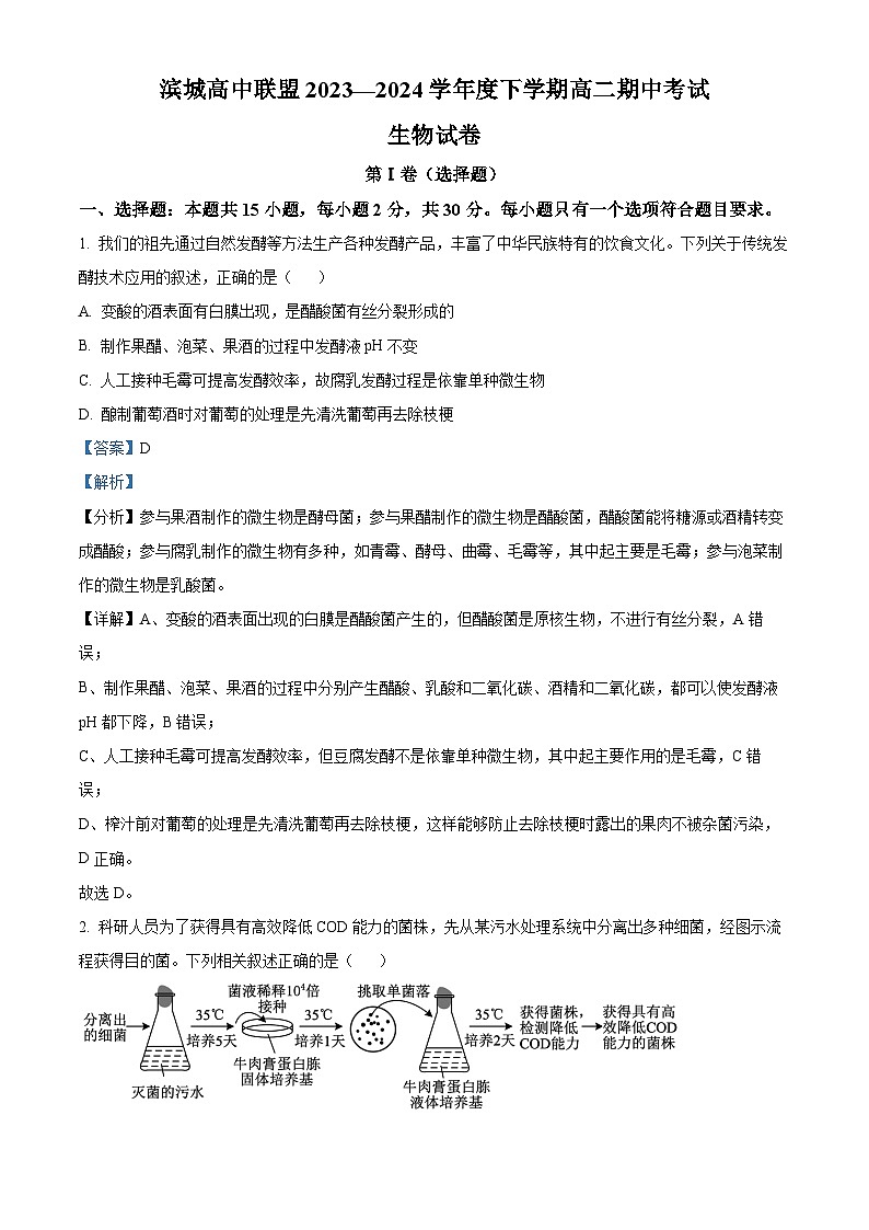 辽宁省大连市滨城高中联盟2023-2024学年高二下学期期中考试生物试卷（解析版）第1页