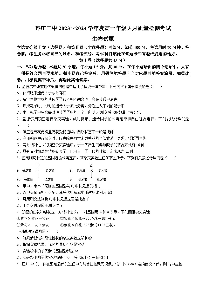 70，山东省枣庄市市中区第三中学2023-2024学年高一下学期3月月考生物试题01