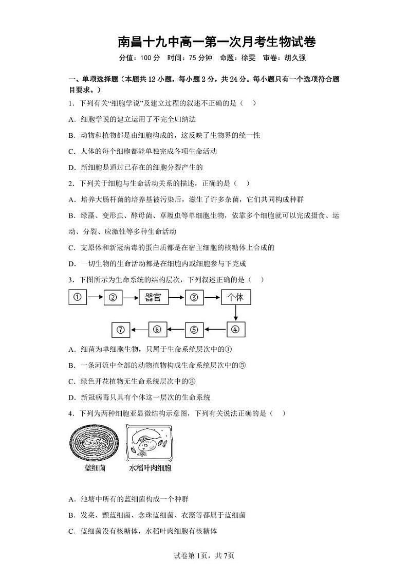 73，江西省南昌市南昌十九中2023-2024学年高一上学期月考生物试卷01