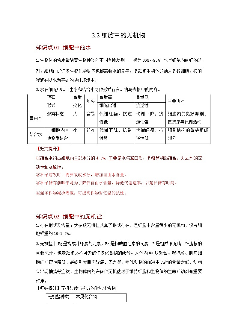 人教版（2019）必修一2.2 细胞中的无机物知识清单01