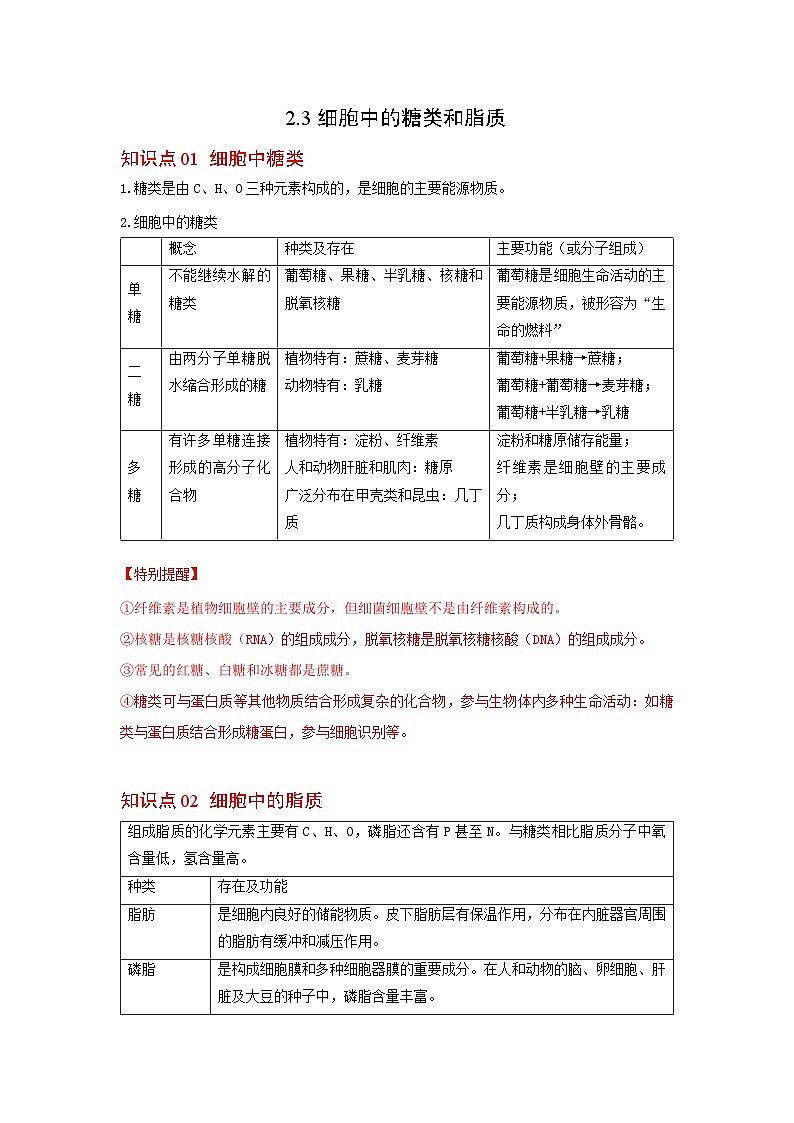 人教版（2019）必修一2.3 细胞中的糖类和脂质知识清单01