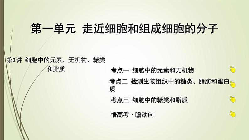 2025届高考 一轮复习 人教版　细胞中的元素、无机物、糖类和脂质 课件  （江苏版）第1页