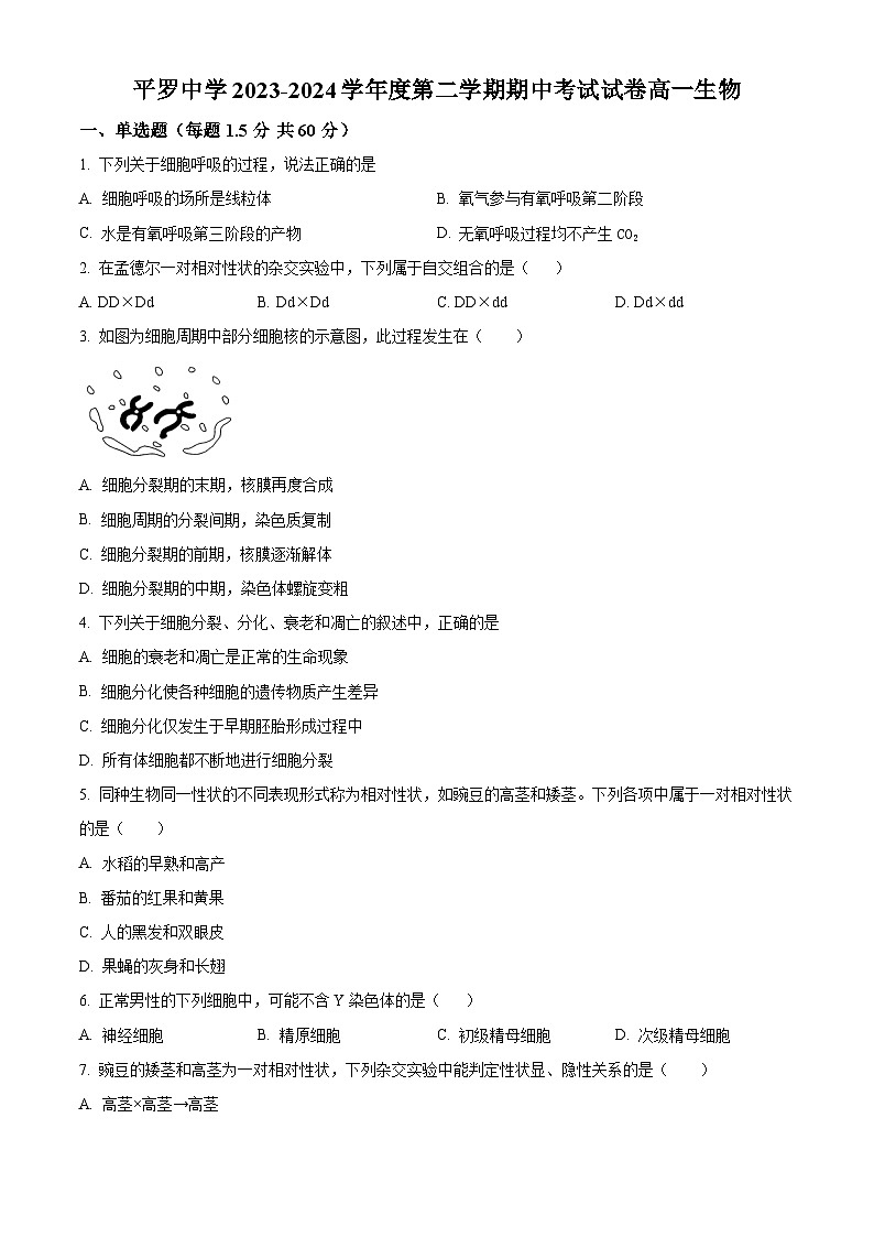 宁夏回族自治区石嘴山市平罗县平罗中学2023-2024学年高一下学期5月期中考试生物试题01