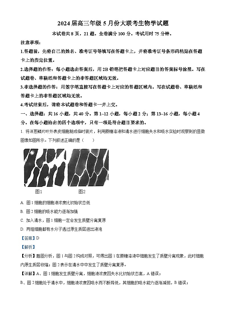 2024届广东省高三下学期5月三模生物试题（解析版）第1页