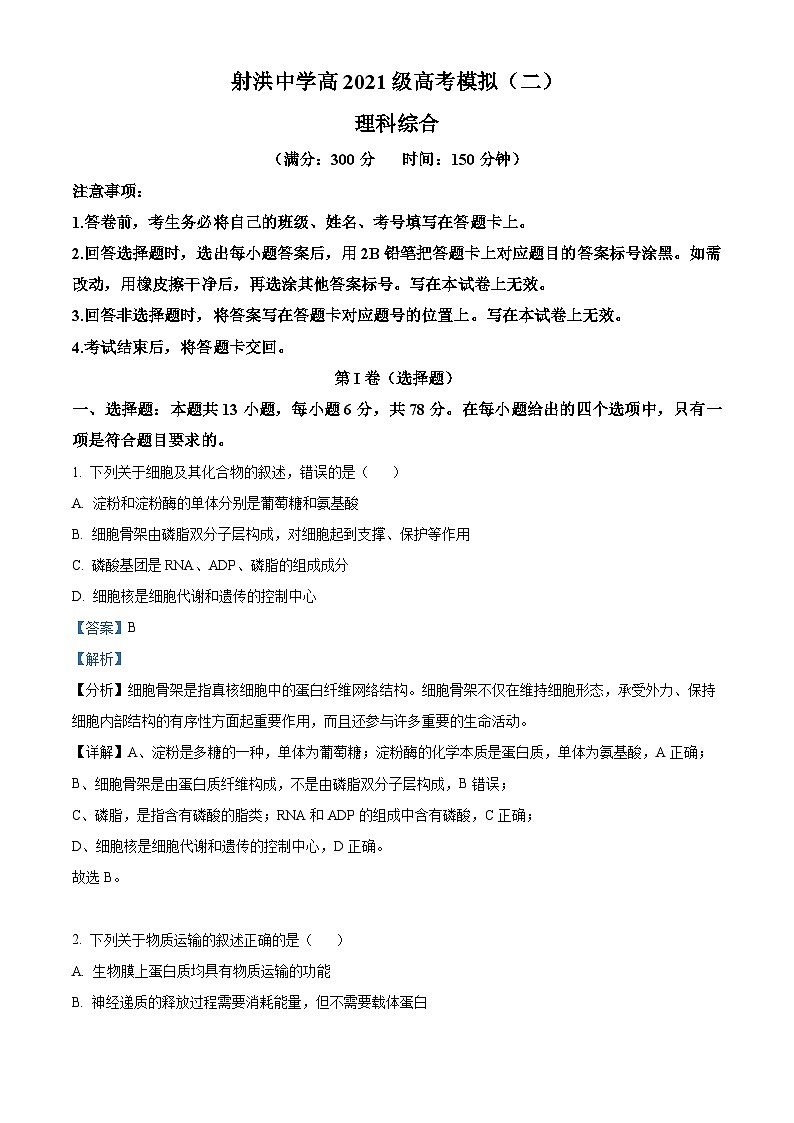 四川省遂宁市射洪中学2024届高三下学期二模生物试题（Word版附解析）01