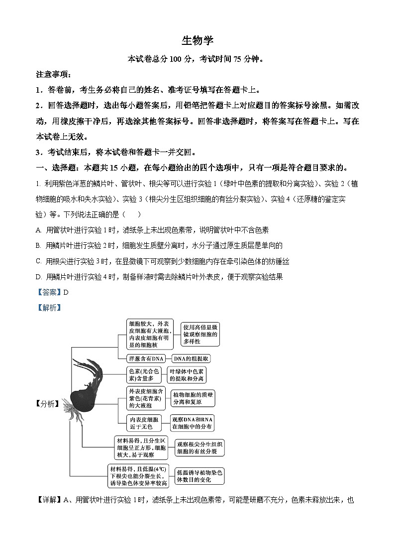 2024届重庆市荣昌区荣昌永荣中学校高三下学期模拟预测生物试题（解析版）第1页