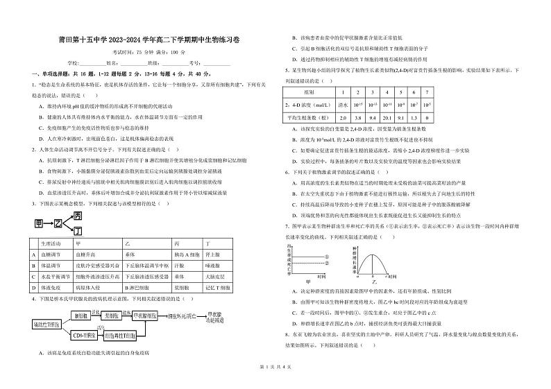 福建省莆田第十五中学2023-2024学年高二下学期期中考试生物试题01